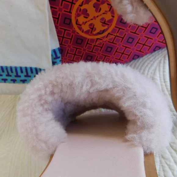 New Tory Burch Aspen Shearling sandals Sea Shell pink crystal embellished slides - Picture 12 of 16